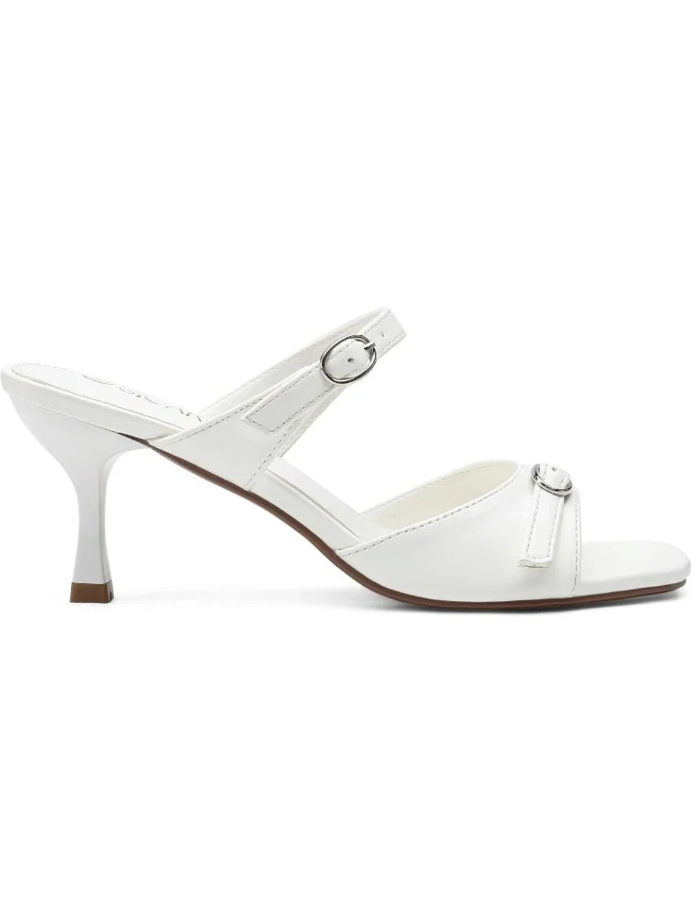 Women's White Square Open Toe Low Kitten Heel Buckle Strap Casual Comfort Sandal